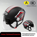 Motorcycle half helmet with double mirror visor in ABS construction, showing universal fit design