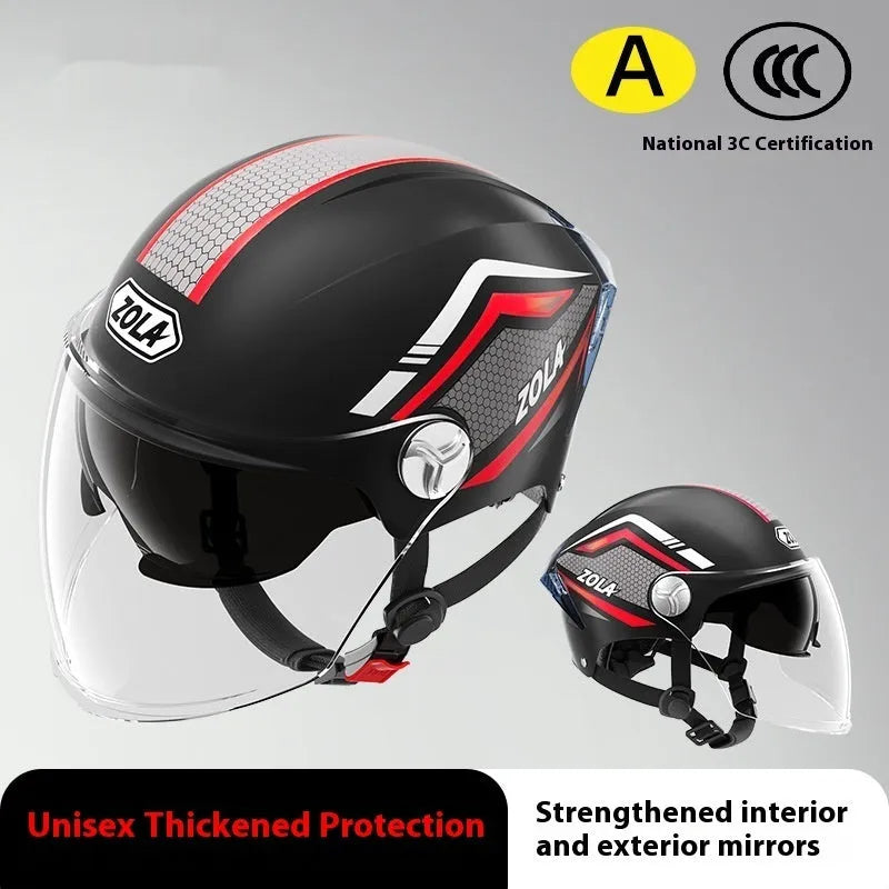 Motorcycle half helmet with double mirror visor in ABS construction, showing universal fit design