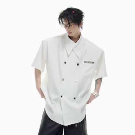 Men's loose fit casual short-sleeved summer shirt with splicing details and metal buttons
