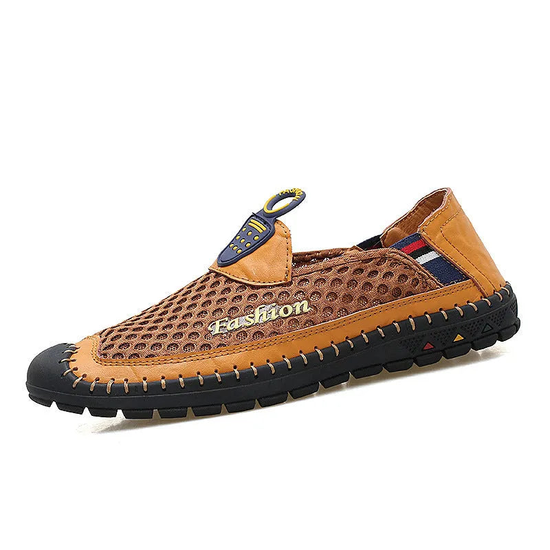 Men's brown breathable mesh casual shoes with round toe and rubber sole on a white background.