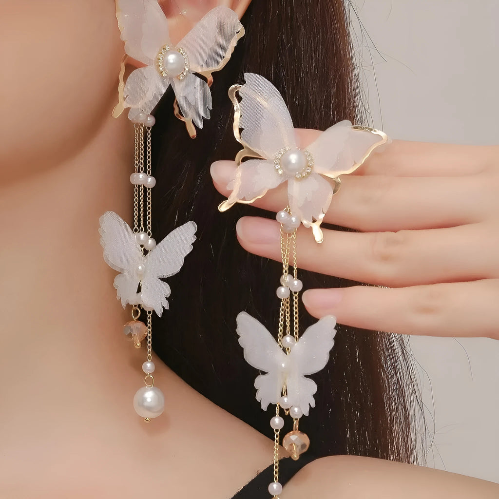 White butterfly tassel lace pearl rhinestone earrings for women with detailed insect modelling