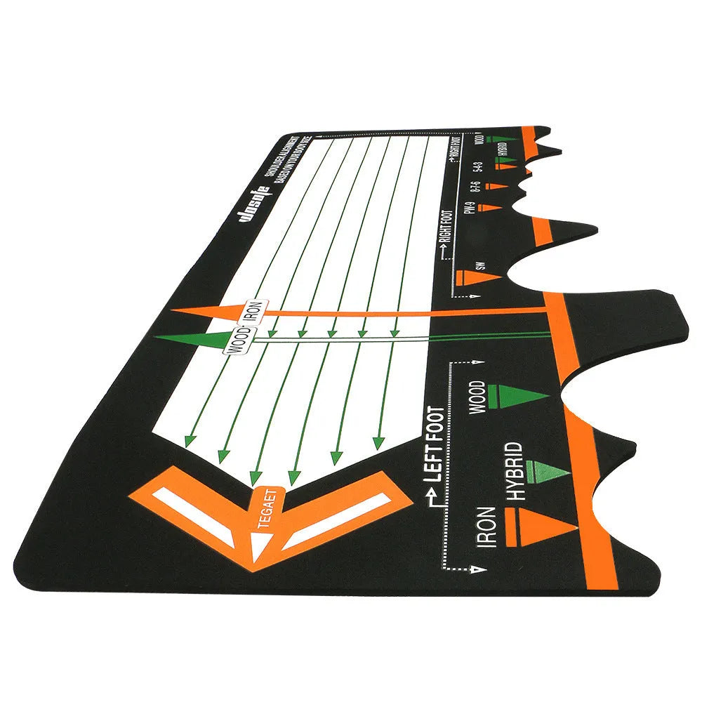 Black neoprene golf swing posture correction pad for stance alignment practice.