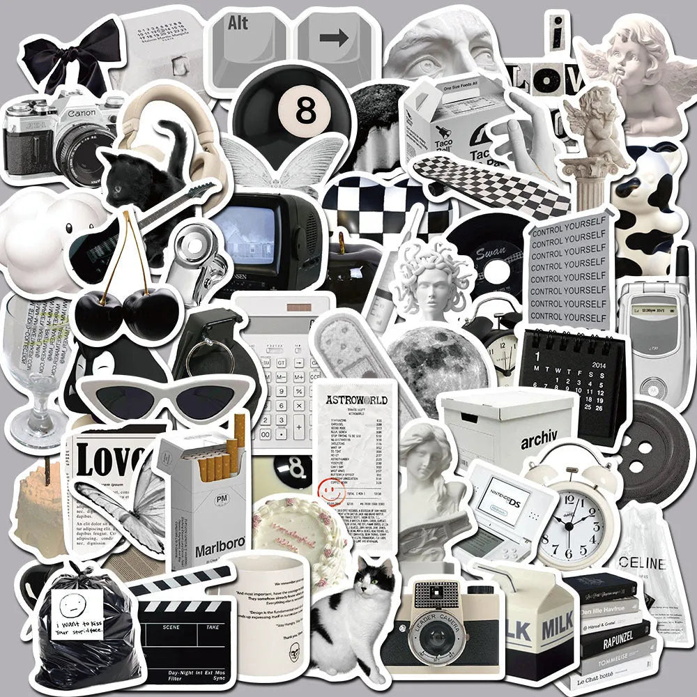 Assortment of 61 black and white waterproof PVC stickers for laptops, phones, and travel gear.