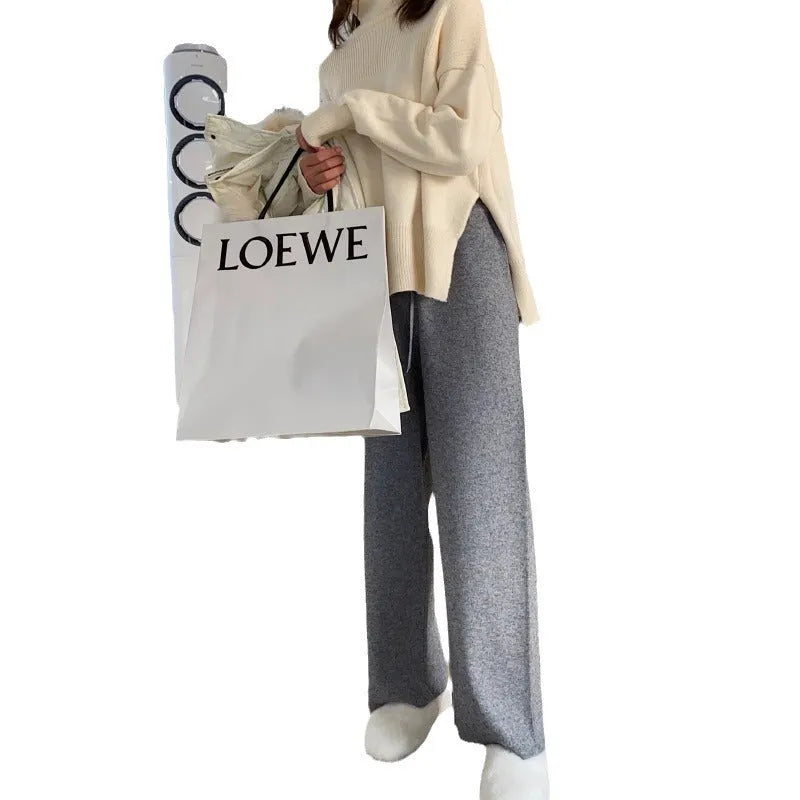 Women's cream white knitted wide-leg trousers with high waist and straight-leg drooping mopping casual style