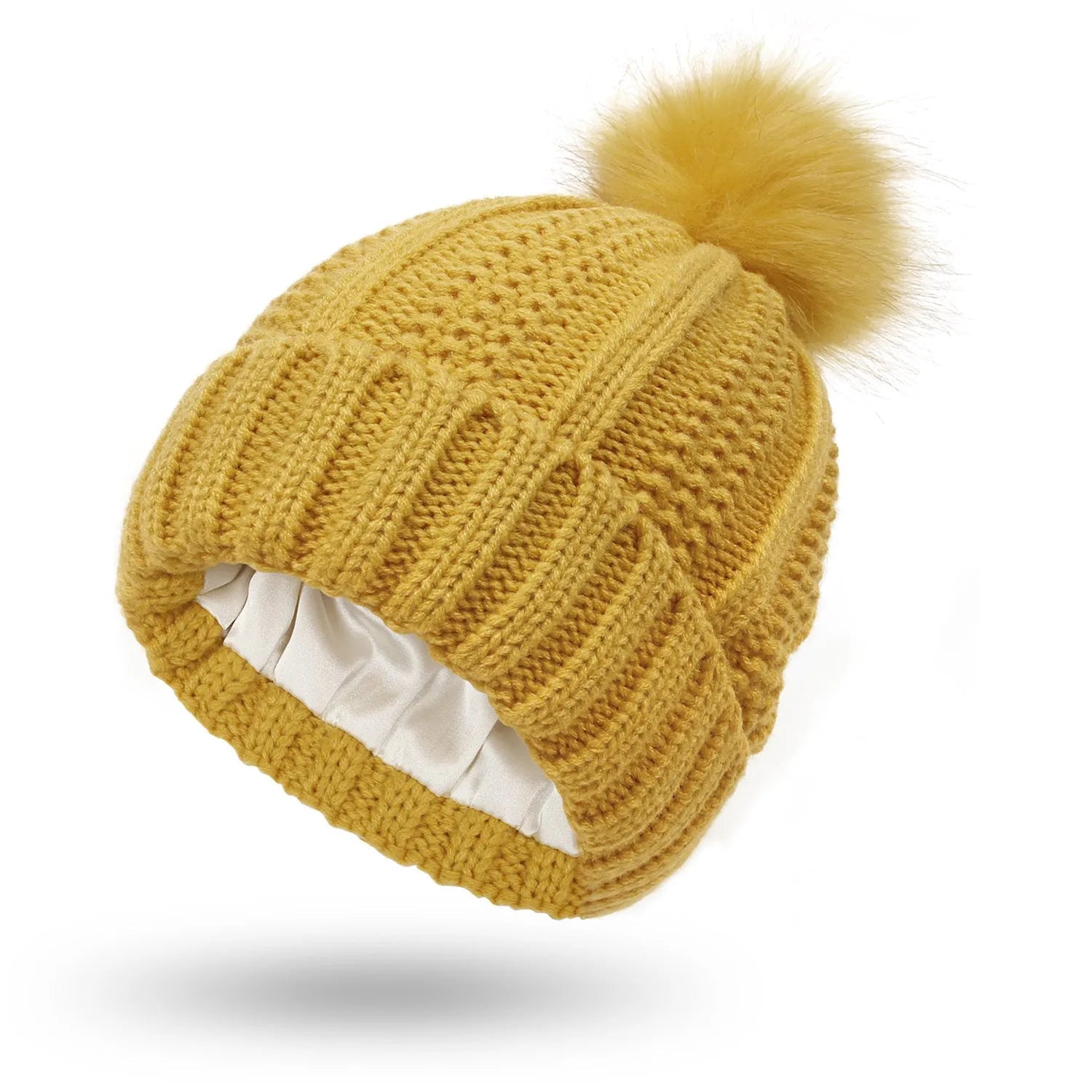 Women's satin lined wool beanie with faux fur pom pom in classic winter colours