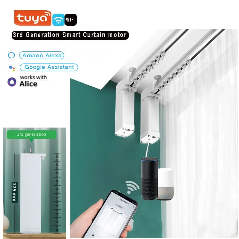 Smart curtain electric system with aluminium track, rechargeable lithium battery motor, and remote control for WiFi voice operation