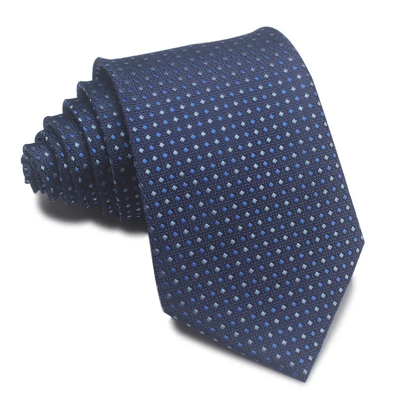 Man's red, black, and blue striped jacquard business tie with an 8cm width.