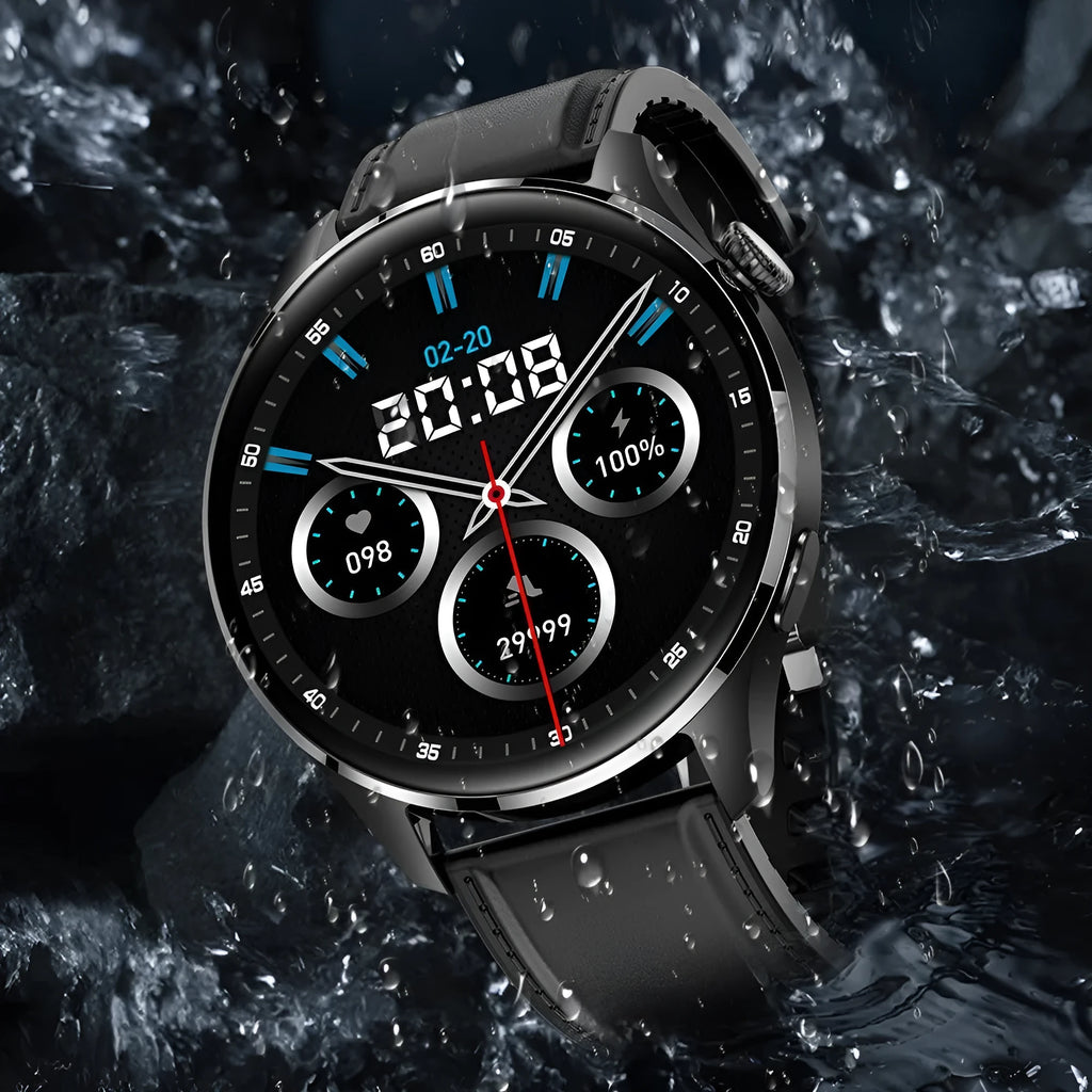 Black smartwatch with round colour screen on a silicone strap, showing call interface.