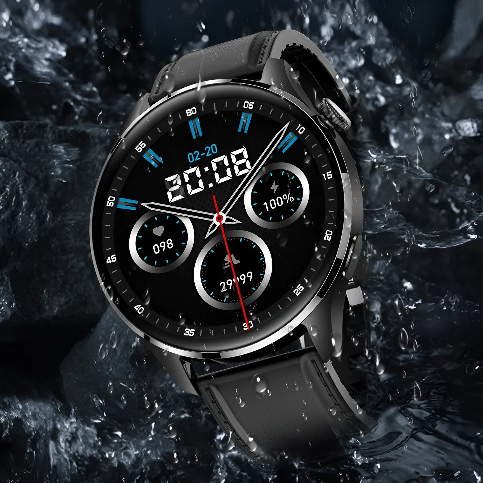 Black smartwatch with round colour screen on a silicone strap, showing call interface.