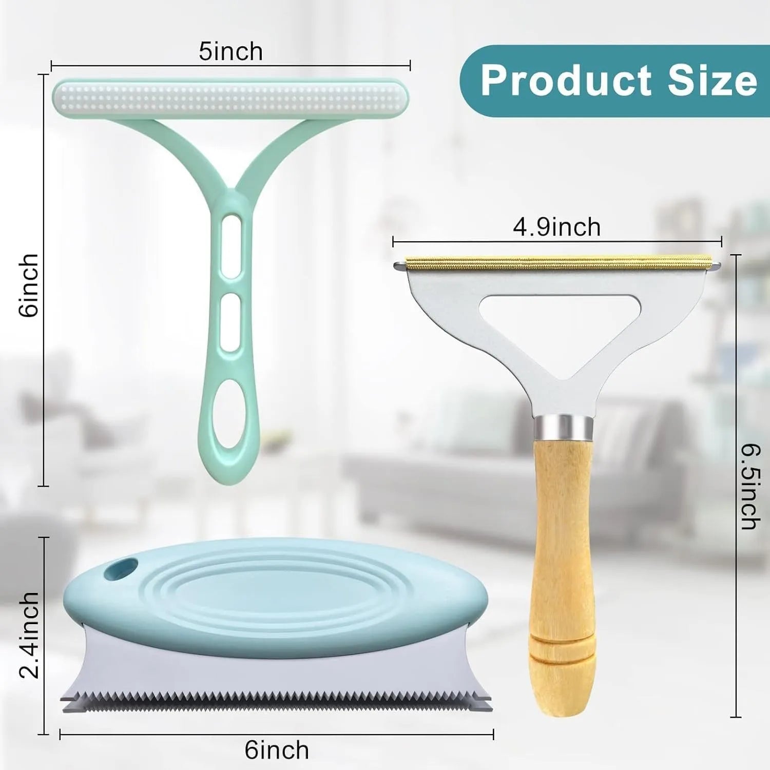 Three-piece pet hair remover set with metal scraper, silicone brush, and round cleaner for removing hair