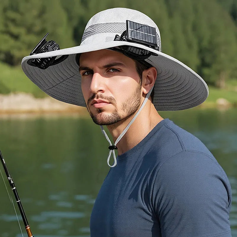 Solar-powered fan hat for outdoor fishing with adjustable design and wide sun protection brim
