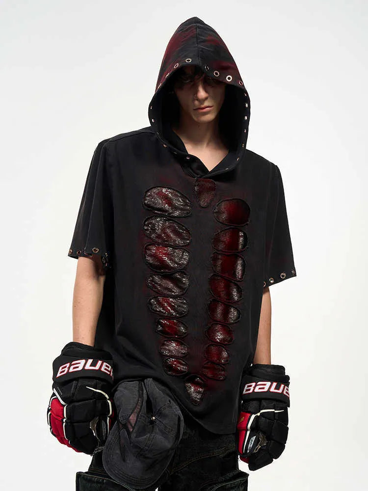 Black hooded men's T-shirt with sequin decoration and short sleeves in loose fit