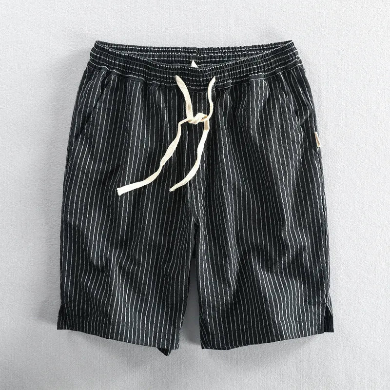 Men's striped cotton casual shorts in a loose straight fit on a mid-waist, shown in light blue colour.