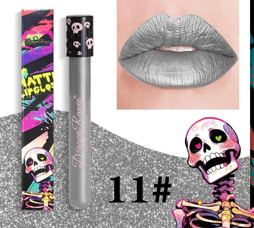 Halloween skull test tube containing gold and silver matte lip gloss for waterproof costume makeup.