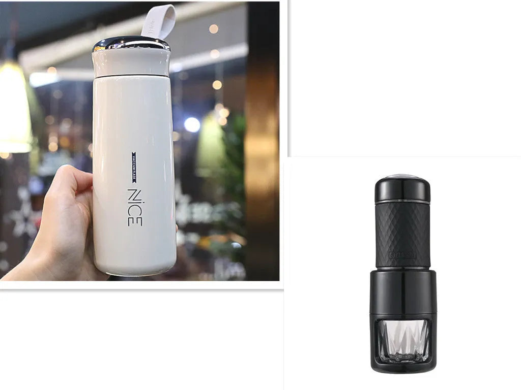 Portable manual espresso coffee machine in stainless steel, 7x7x20.3 cm, available in multiple colours