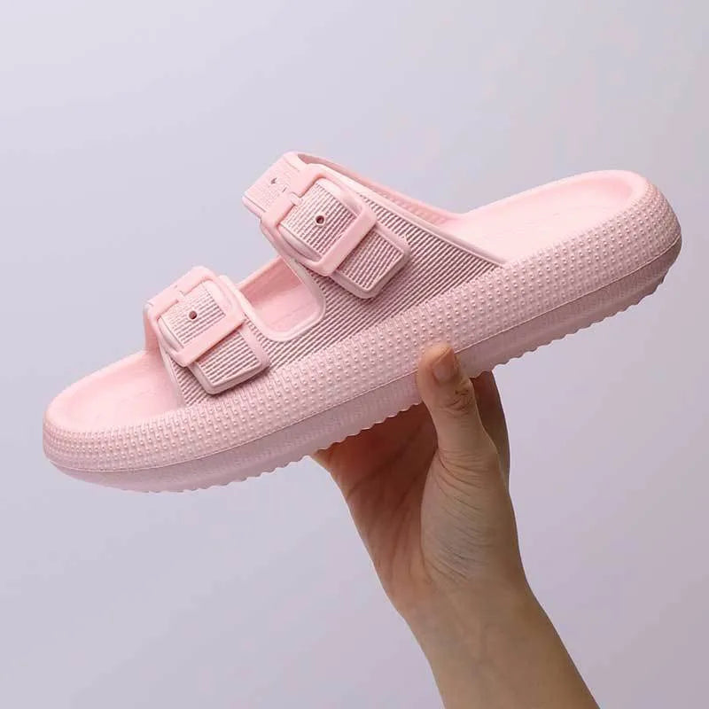 Women's summer platform slippers with buckle fastening, EVA sole, in black colour, side view