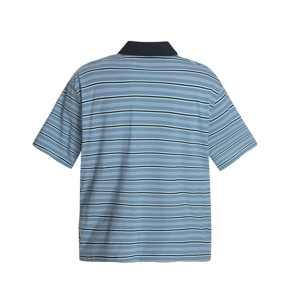 Blue stripe vintage short-sleeved polo shirt with loose fit on man