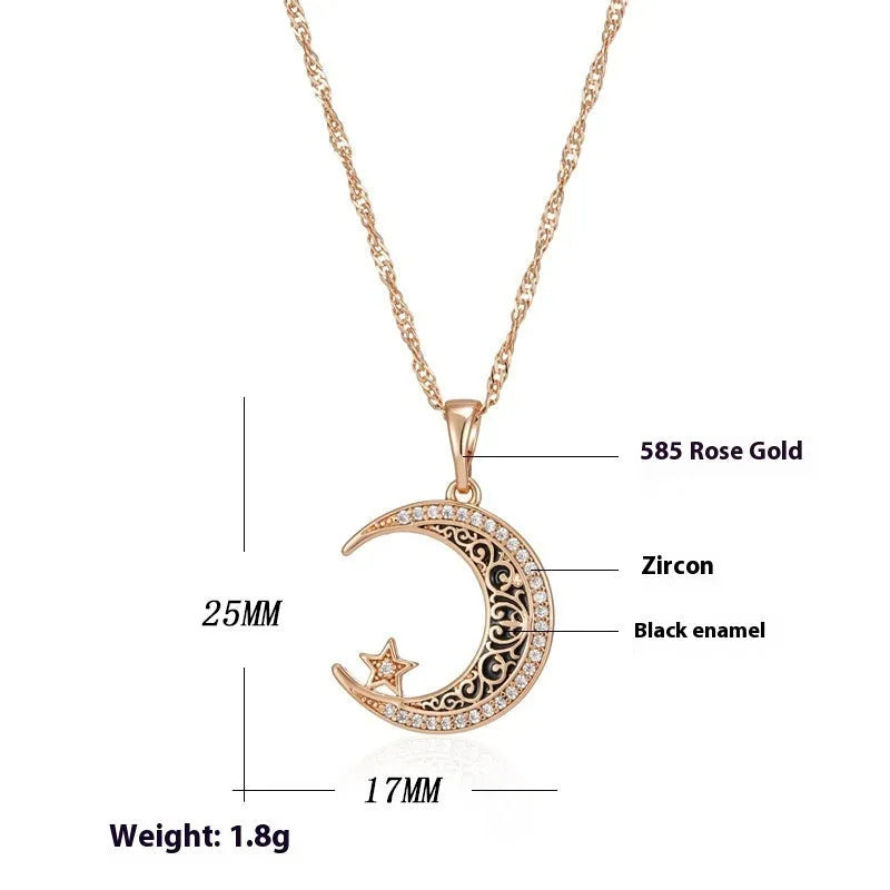 Rose gold star and moon necklace with zircon pendant on a water wave chain.
