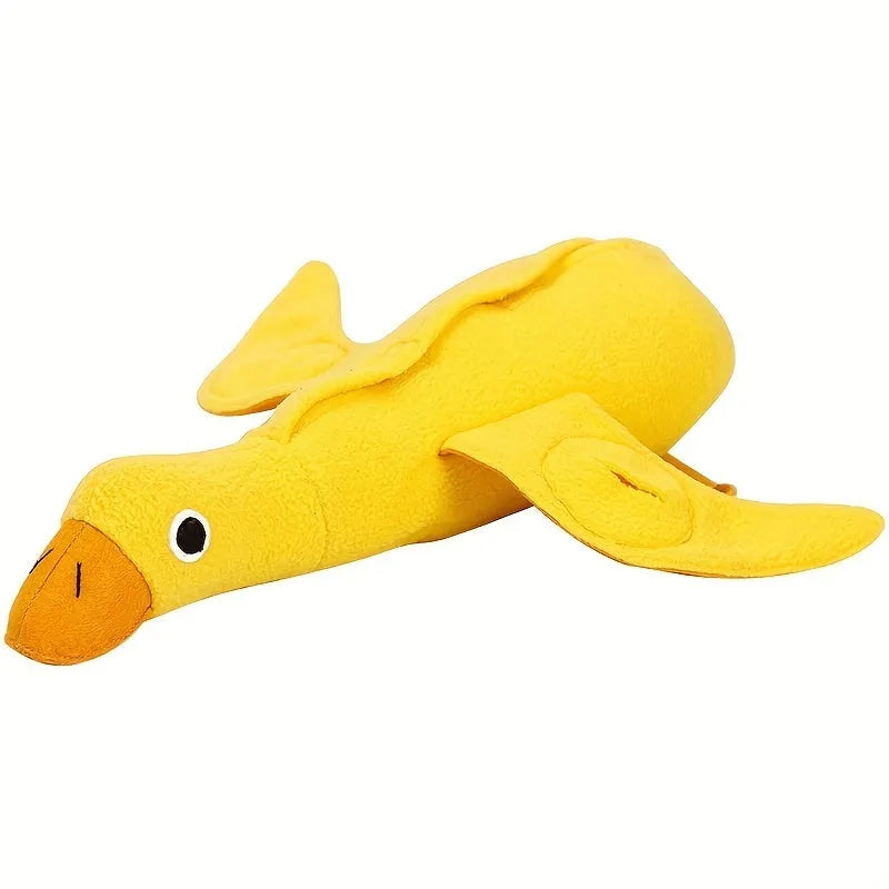 Yellow teddy bear dog toy with duck sound and treat compartments for training