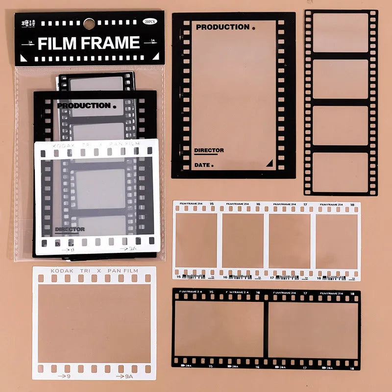 Frame Series retro decorative stickers showing photography, film, magazine, music, social, and frame designs on transparent PET paper