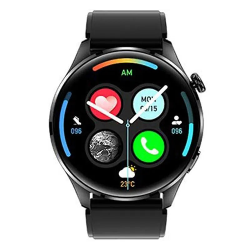 Black smartwatch with round colour screen on a silicone strap, showing call interface.