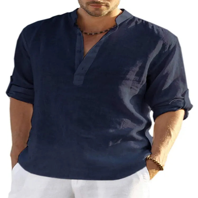 Men's solid colour cotton linen long sleeve shirt with a stand collar, shown in a fitted style.