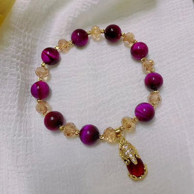 Handmade natural Vanves stone and Tigereye bead bracelet on single or double chain in green or rose red.