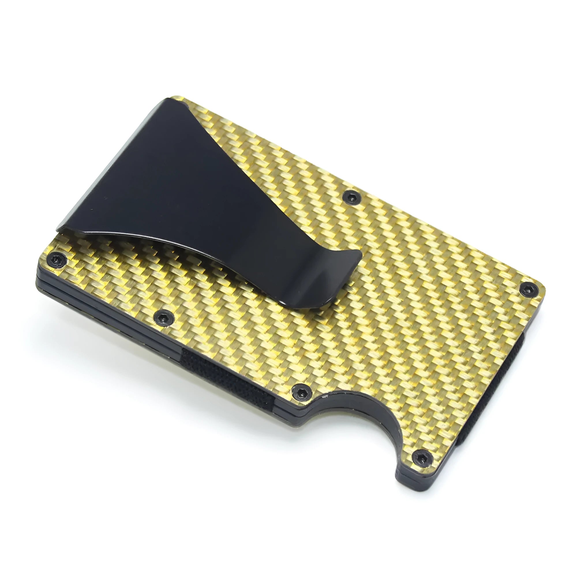 Geometric aluminium and carbon fibre card wallet for business cards and banknotes in a gift box.
