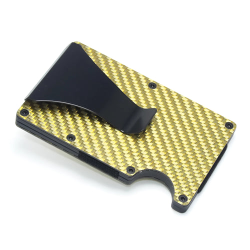 Geometric aluminium and carbon fibre card wallet for business cards and banknotes in a gift box.