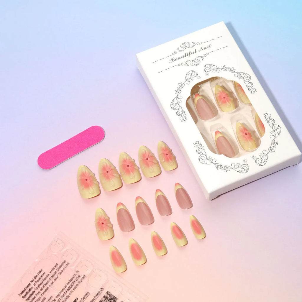Simple fake nails set with 3D cartoon flowers, jelly glue, and a nail file on colour TY-318.