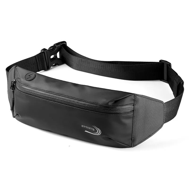 Men's waterproof waist bag in Oxford polyester with adjustable belt showing black, blue, and grey colour options