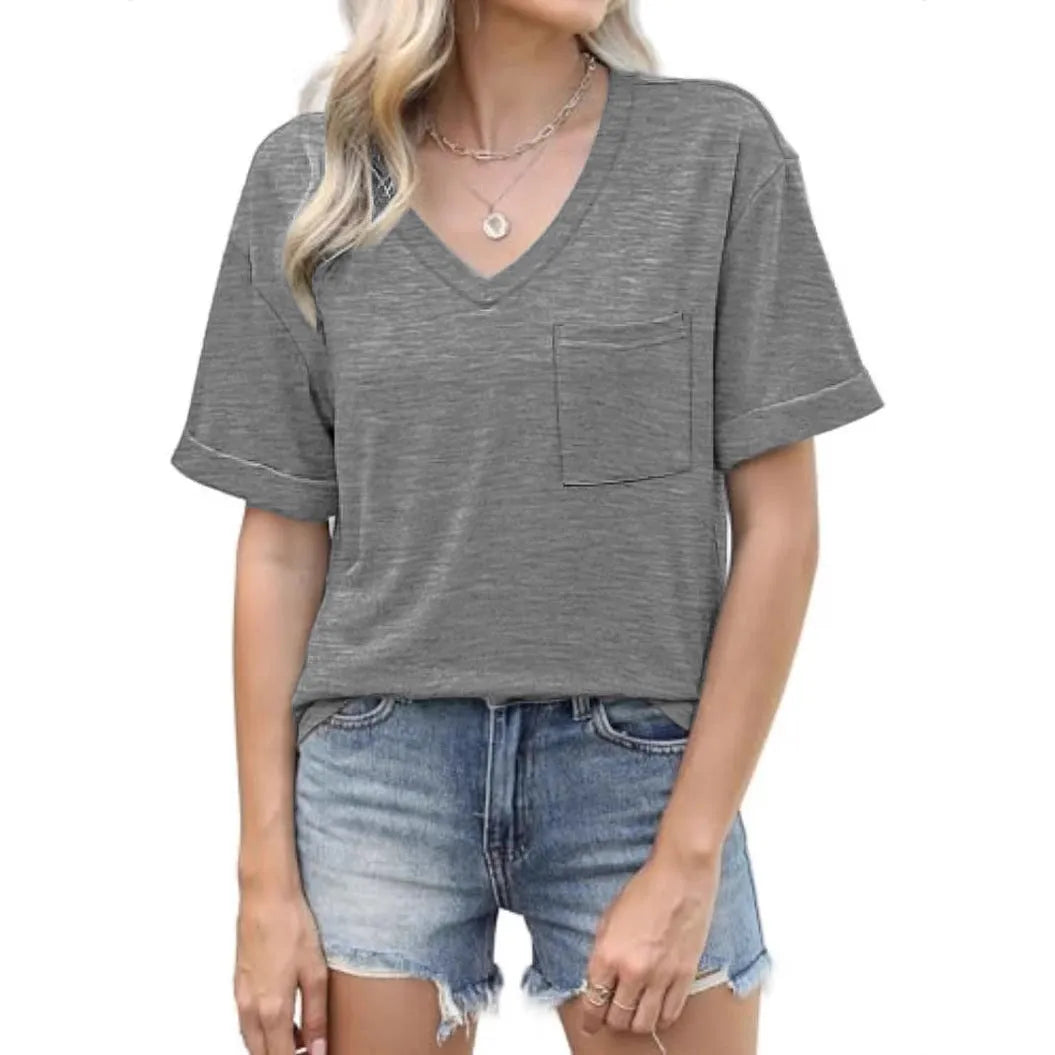 Grey loose V-neck t-shirt with chest pocket showing front view