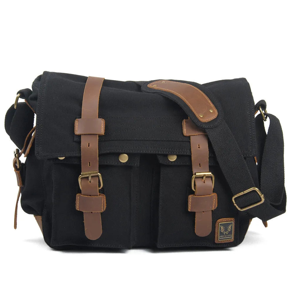 Men's army green canvas crossbody shoulder bag with a brown leather flap and single strap.