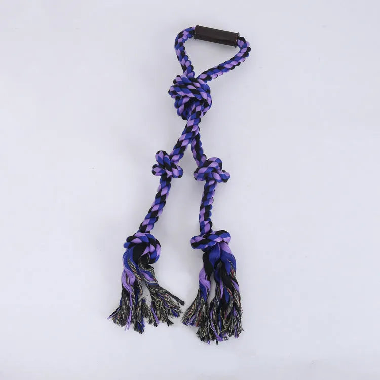 Blue and yellow cotton rope dog tug toy with a handle for large breed aggressive chewers