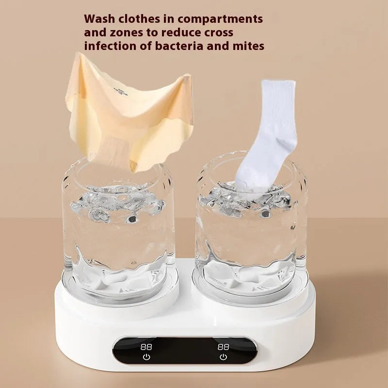 White USB-powered mini portable washing machine with two wash buckets for underwear and socks.