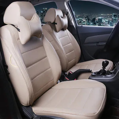 Leather car seat cover in beige and black with red accent colour options, showing binding style edges.