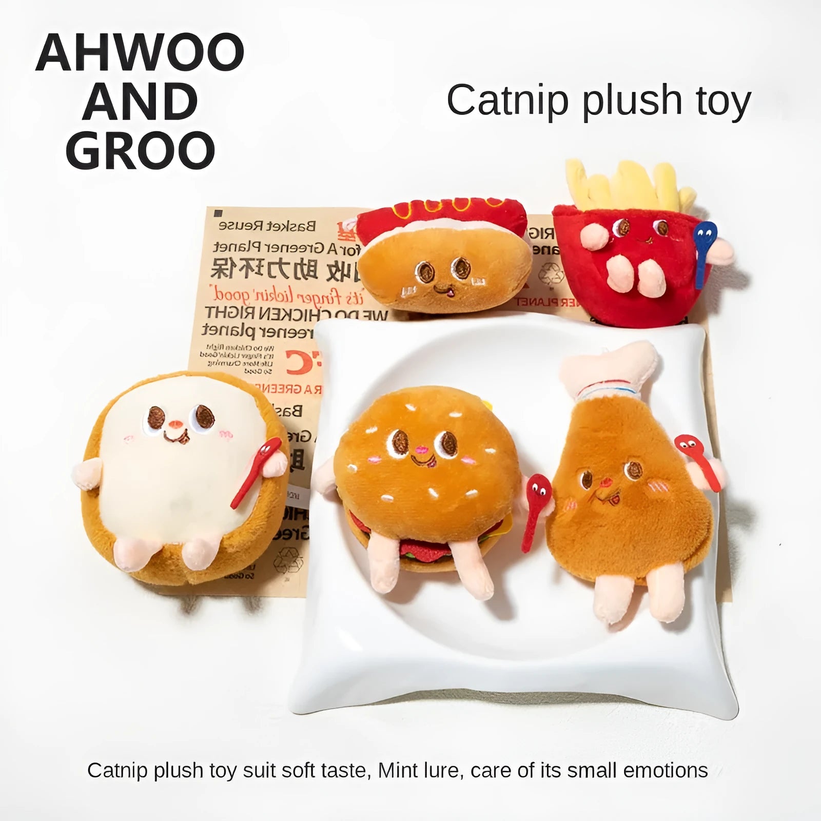 Set of five soft cat toys shaped like hamburger, chicken leg, fries, bread, and hot dog on a white background