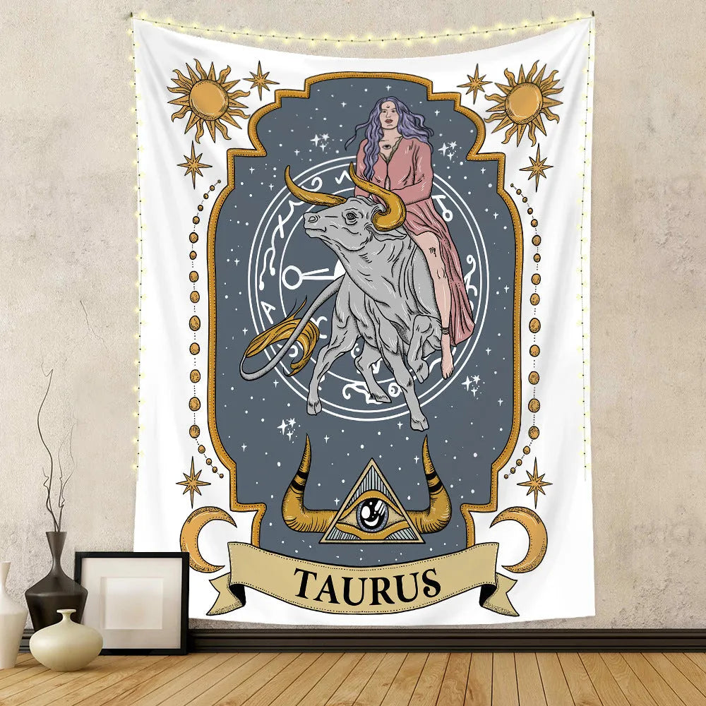 Rectangular polyester fibre tapestry with constellation skull tarot design in multiple sizes 73X95CM to 180X230CM