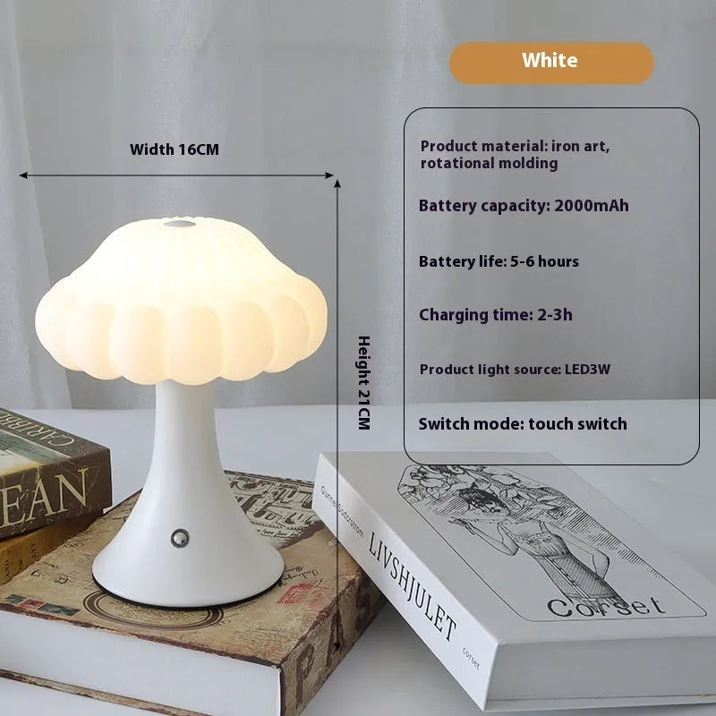 Mushroom-shaped touch lamp with USB charging in wood grain, white, cream, grey, or black for bar and cafe decoration