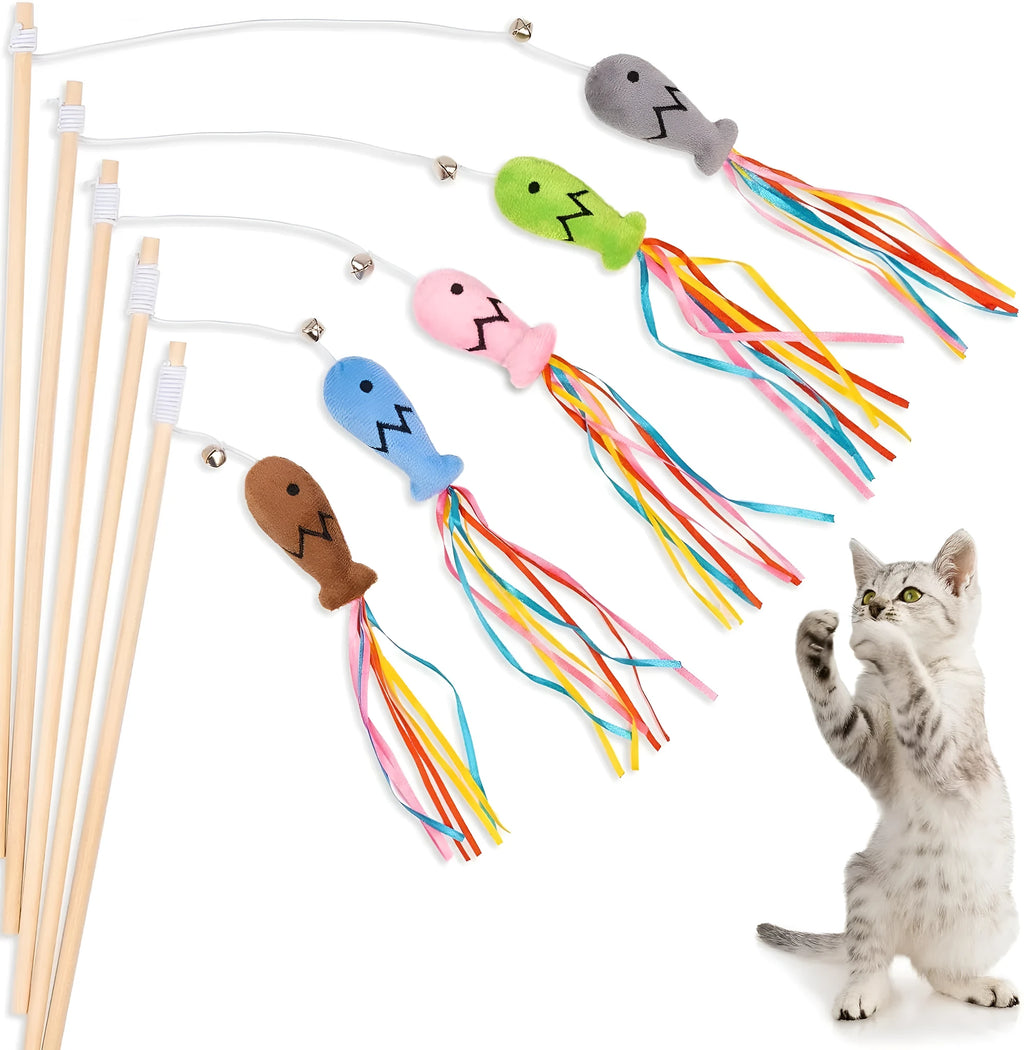 Wooden handle cat wand toy with catnip fish, ribbons and bell attachment in blue colour