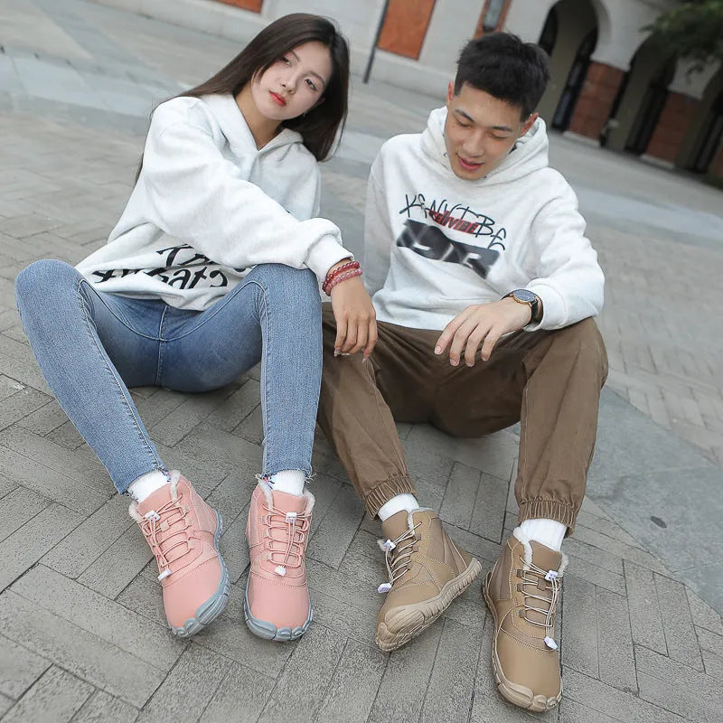 Waterproof fleece-lined snow boots with lace-up front and rubber soles in black, pink, or khaki