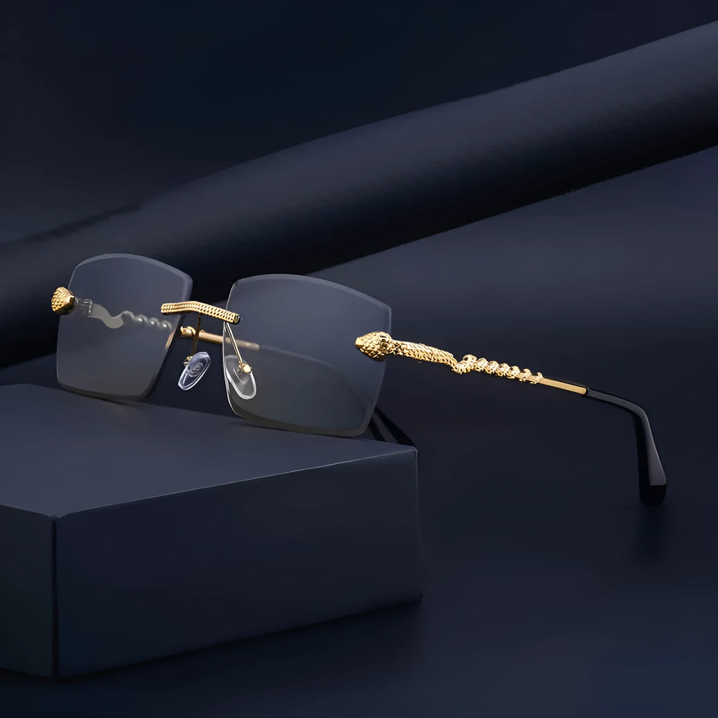 Fashion rimless sunglasses for men UV400 PC lens golden tea wood grain bag pollen tablet