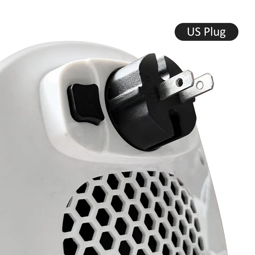 White ceramic electric hot air blower heater with remote control on table