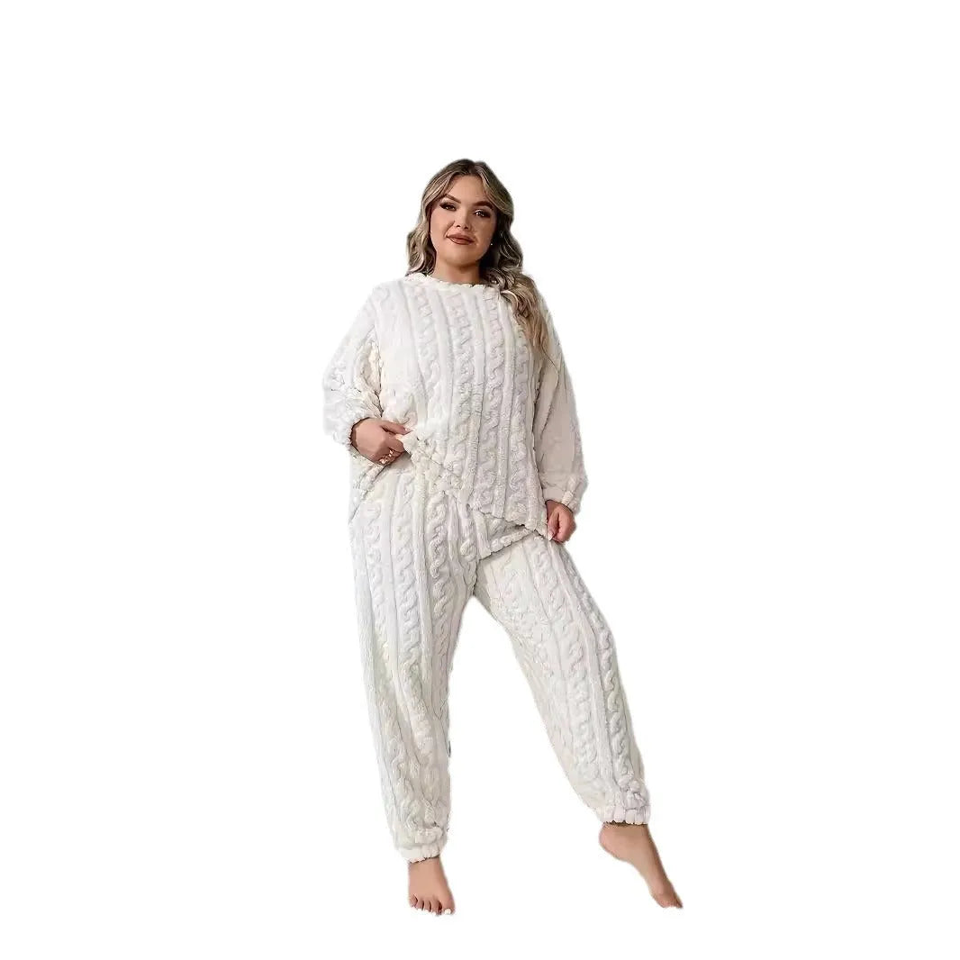 Women's creamy white polyester two-piece lounge set with long sleeve top and trousers on a hanger.