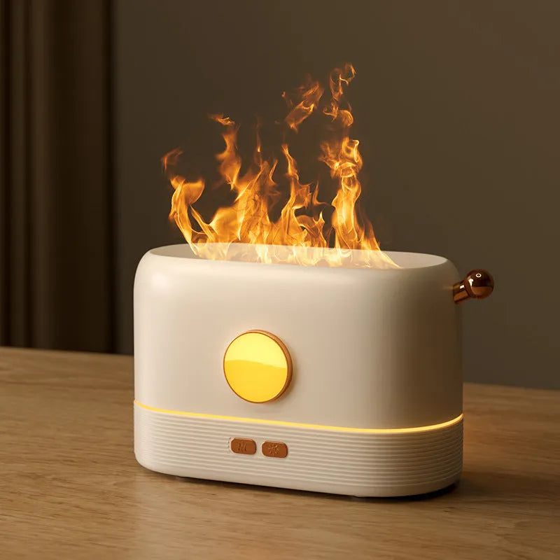 Black USB flame humidifier with 200ml water tank on wooden desktop with mist and simulated flame effect
