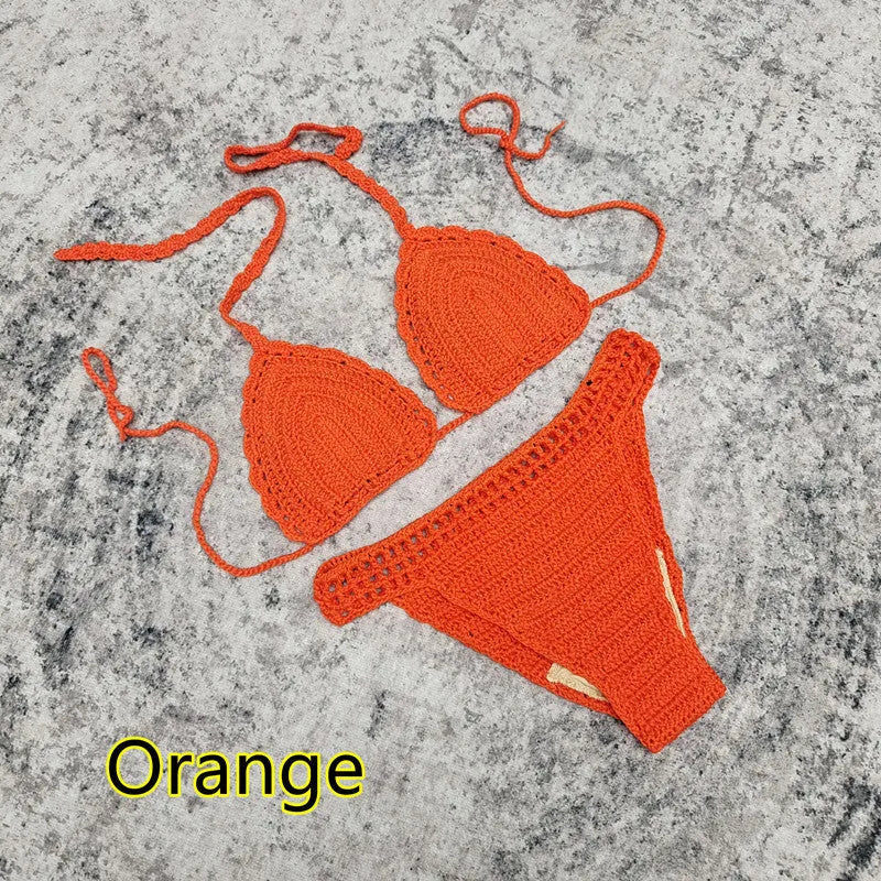 Women's 3-piece crochet bikini swimsuit set in a choice of colours on a mannequin.