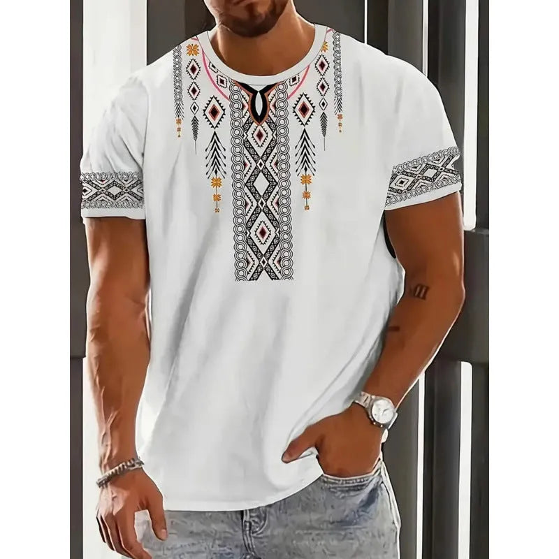 Men's striped short-sleeved t-shirt with digital 3D printing in loose fit polyester