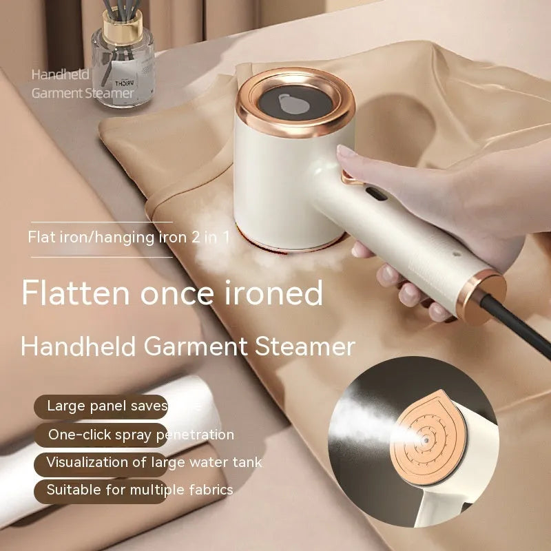 Mini handheld garment steamer in green with visual water tank and US plug