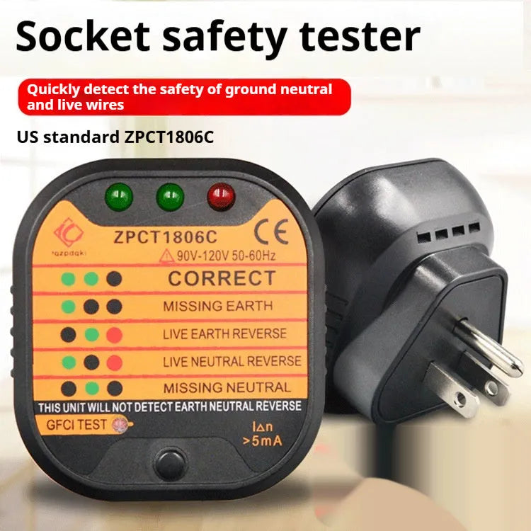 Black socket tester with LED indicators and UK EU US plug options for polarity ground line detection