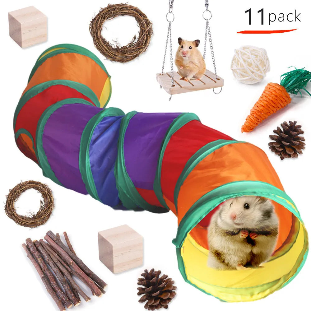 Assorted wooden chew toys for small pets including balls and mats on a natural background
